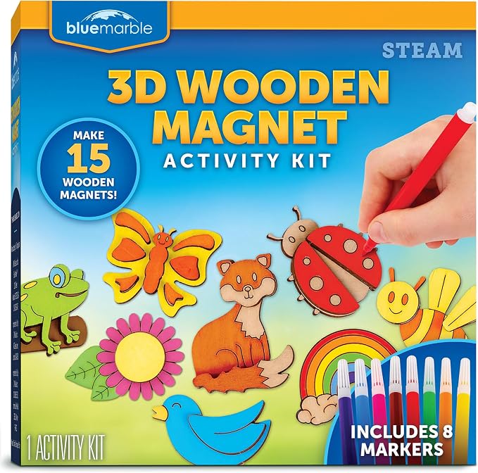 Blue Marble Wooden Magnet Painting Craft Kit with 15 Nature Designs | 15 Nature-Themed Wooden Magnets, 8 Watercolor Pens, Paint and Create, Magnet Art, DIY Craft Activity, Birthday Gift