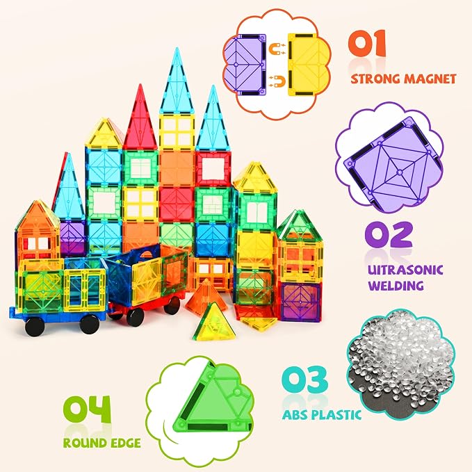 cossy 220Pcs Magnetic Tiles Magnetic 3D Building Blocks Set, Construction Toys for 3 4 5 6 7 8 Year Old Boy and Girl with Stronger Magnets, Educational Toys, Recreational, Conventional