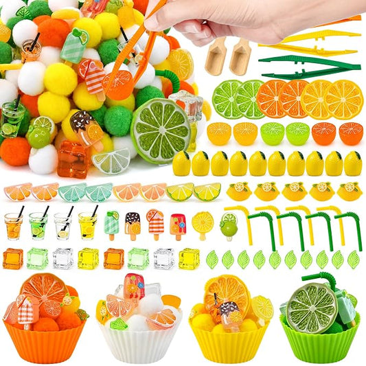 184 Pcs Lemon Sensory Bin Items Summer Lemonade Counting Sorting Lemon Sensory Bin Filler Fine Motor Ice Drinks Counts for Summer Counting Sorting