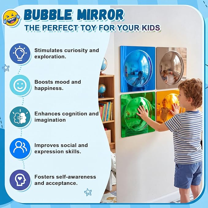 Geiserailie 4 Pcs Sensory Wall Bubble Mirrors, 6 x 6 Inch, CPC Certified | Colorful Acrylic Convex Mirrors, Sensory Room Must Haves, Classroom Learning Tool, Calming Corner, Preschool Daycare Activity