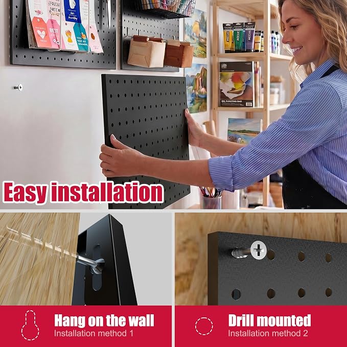 Spampur Peg Board, 6 Pack Metal Pegboard Wall Organizer with Accessories | Black Pegboard Panels with 50 Pcs Hooks and Baskets, Wall Organizer for Office, Craft Room Organization, Garage, Sewing Room