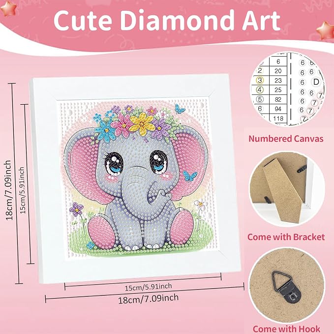 Gemozaic Elephant Diamond Art Kits for Kids Ages 4-8-12 with Frame, 7 x 7 | Cute Animal Diamond Art for Kids 4 6 8 10 12 Year Old, Easy Kid Big Gem Painting, DIY Arts and Crafts for Girl Birthday Gift