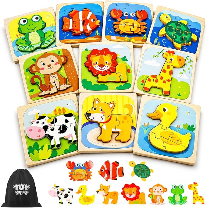 TOY Life Wooden Puzzles for Toddlers 2-4, Montessori Toys for 1 2 3 Year Old Boys Girls, 10 Piece Animals Puzzles Educational Learning Toys, Birthdays Gifts Toy for 2 Year Old Girl Boy