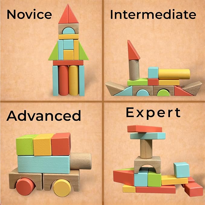 Natural Wood Building Blocks Set, 72 Pastel Color Pieces Castle Construction Blocks with Storage Tray, Educational STEM Learning Toys for Kids, Creative, Screen-Free, Architectural Play System