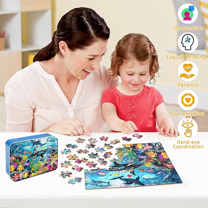 LELEMON Puzzles for Kids Ages 4-6,100 Piece Puzzles for Kids in Metal Box | Educational Underwater World Jigsaw Puzzles Kids Puzzles,100 Piece Puzzle Games Puzzle Toys for Girls and Boys