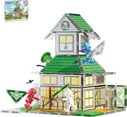PicassoTiles Magnet Tile Building Blocks Ninja Dojo House Theme STEM Playset with 4 Character Action Figure Ninjas Weapon Accessories Magnetic Tiles Educational Toy Pretend Play Toddlers Ages 3+ PTQ07