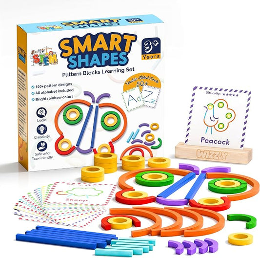 182pcs Wooden Montessori Smart Sticks and Rings Puzzle Game for Kids, Wooden Pattern Blocks Learning Set with 50+ Double-Sided Cards, A-Z Alphabet Cards, Fine Motor STEM Toy for Ages 3+
