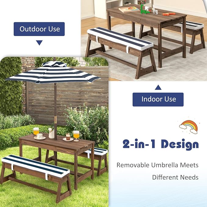 Costzon Kids Picnic Table, Toddler Wood Table & Chair Set w/Cushions, Height Adjustable Umbrella, Children Activity Table Outdoor Furniture Set for Patio, Garden, Backyard, Gift for Ages 3-8 (Blue)