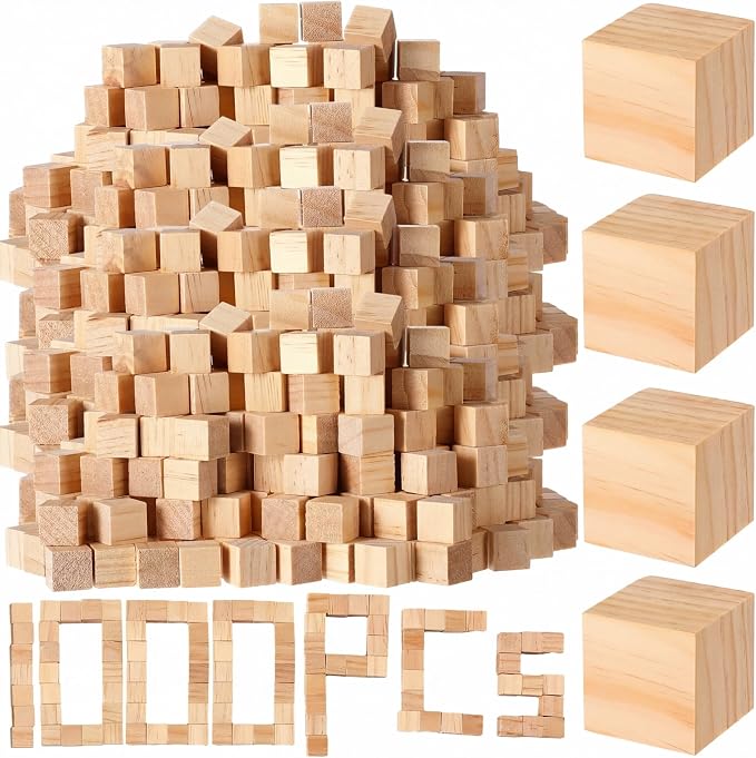 Barydat 1000 Pcs 0.5 in Wooden Cubes, Unfinished Wooden Blocks for Crafting Natural Craft Wood Square Blank Cube for DIY Project Baby Showers