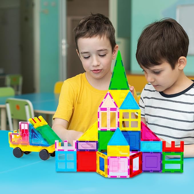 PicassoTiles 101 Piece Magnetic Tiles Building Set with Car & Bag Ages 3+ | BPA-free plastic, smooth-edge design, doors/windows, specialty shapes, spatial reasoning, hand-eye coordination, pretend play