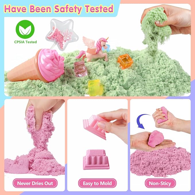 Aliex Unicorn Sensory Sand Bin for Girls, Complete Moldable Play Sand Kit | 2.2lbs colorful magic sand, castle ice cream molds, tools for creative play, sandbox with lid, birthday gifts for toddler 3-8