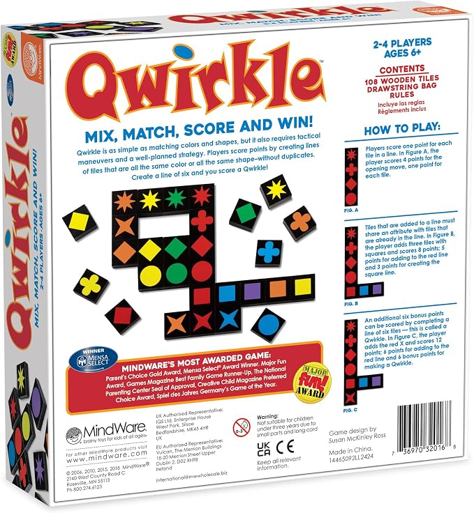 MindWare Qwirkle Board Game | Award-winning family strategy game—match colors and shapes to build lines and score. For 2-4 players, ages 6+