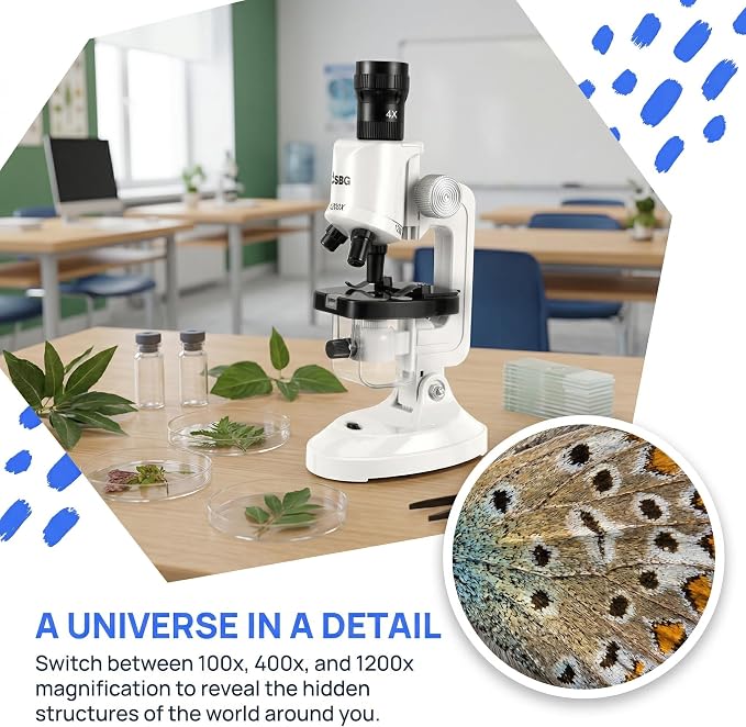 Kids Microscope Kit with LED Light - 100X/400X/1200X Magnification for STEM Learning, 12 Prepared Slides, Easy-to-Use Science Learning Kit (Ages 5-12) - White