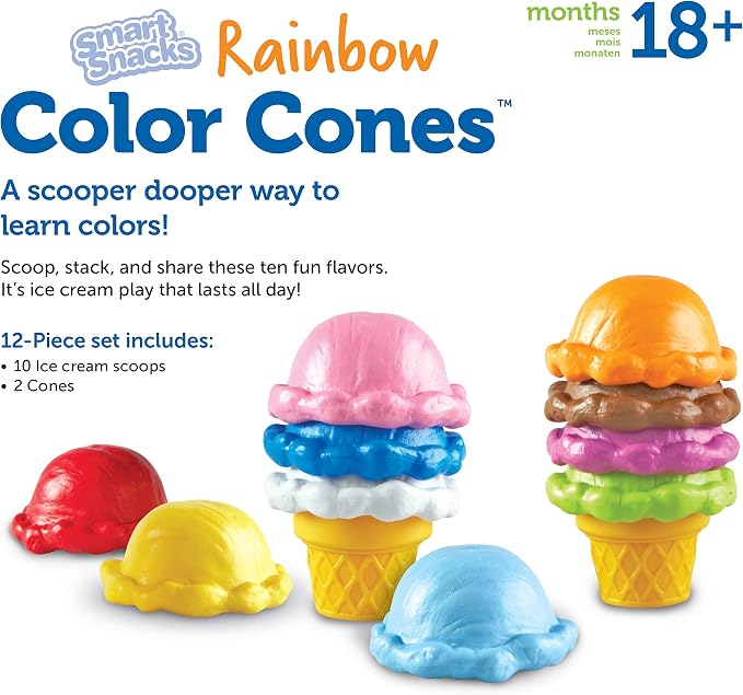 Learning Resources Smart Snacks Rainbow Color Cones - Ice Cream Toy Scoop, Sensory Play Food, Fine Motor for Toddlers, Color Sorting and Stacking , Montessori Kitchen, Preschool Activities