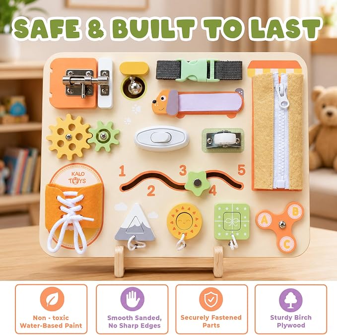 Montessori Busy Board for Toddlers, Wooden Sensory Toys, Preschool Learning Activities for Fine Motor Skills Travel Toy, Basic Life Skills Educational Gifts for 1 2 3 Years Old Kids Boys Girls (Green)