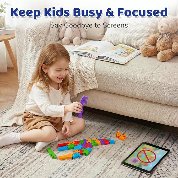 LovesTown Wooden Puzzles for Kids, Double Sided Giraffe Jigsaw with Alphabet & Numbers, Montessori Educational Toy for Toddlers, Chunky Animal Gift (Pack of 2)