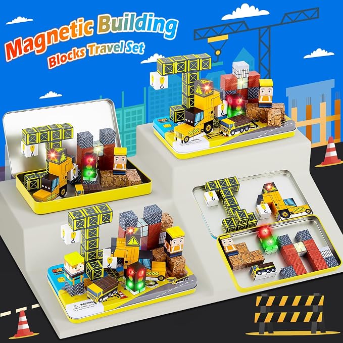 45PCS Magnetic Blocks for Kids with Portable Iron Box Construction | Mini Cubes, Travel Essentials for Airplane, Car, Ride Road Trip, STEM Learning Toy Gift Idea for Toddlers Boys, Girls Ages 3+