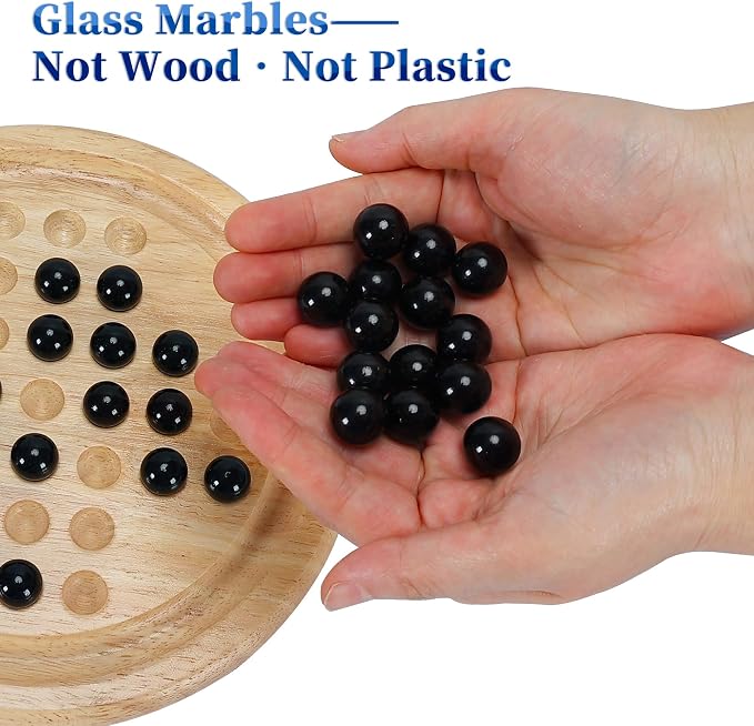 Offelec Wooden Solitaire Board Game with 33 Piece Black Glass Marbles Classic One Player Gameplay Strategy Puzzle Board Games Kids & Adults Fun Family Tabletop Toys, Birthday Gift,Table Games