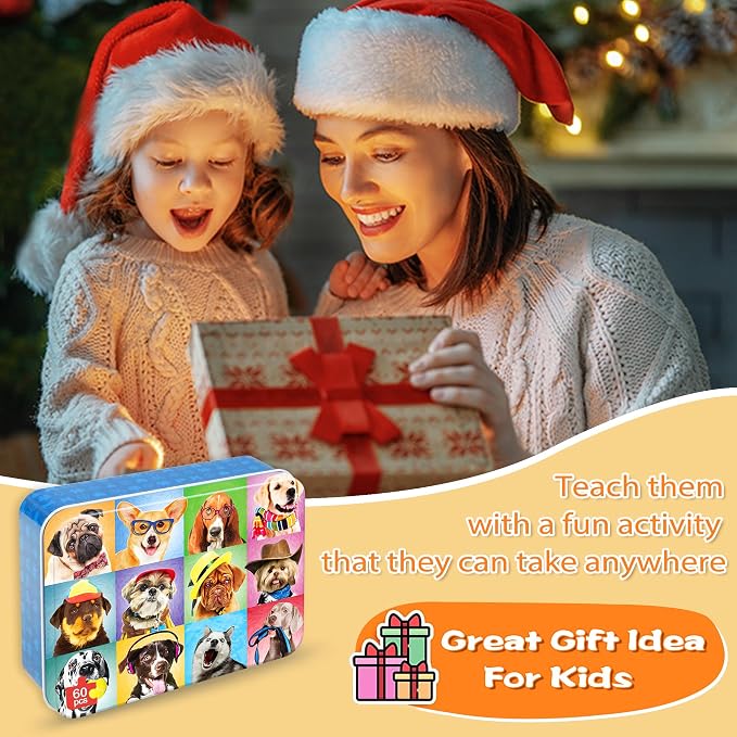 LELEMON Puzzles for Kids Ages 4-6,Dog 60 Piece Puzzles for Kids Ages 4-8 | Children Jigsaw Puzzles Kids Puzzles in a Metal Box,Educational Learning Puzzle Toys for Girls and Boys