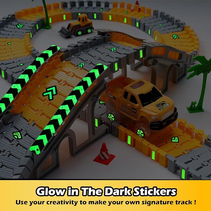 264 PCS Construction Race Tracks for Kids Toys, Flexible DIY Track Set | Glow in The Dark Magic Toy Set, 2 Light Up Cars Track, 3 Construction Cars, Birthday Gift for Age 3-9 Boys Toddler Girls