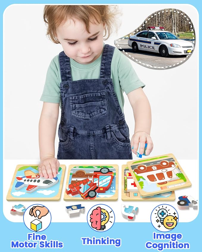 Benresive Wooden Toddler Puzzles, Toddler Toys, 1 2 Year Old Boy Girl Gift | 4 Pack Vehicle Montessori Toys for 1 2 Year Old, Preschool Educational Learning Toy, Great Birthday Gifts for Boys Girls