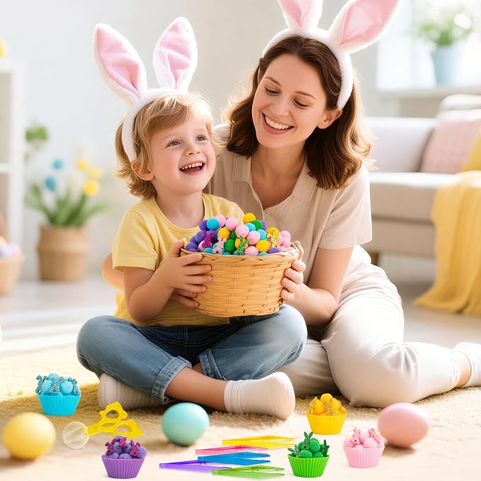 EZdhuawuse Summer Sensory Bin Fillers - 268P Summer Bunny Fine Motor Toys Rabbit Counting Sorting for Kids, Counting Toy with Shiny Bunny Pom Poms Cup Clip for Preschool Education Activities