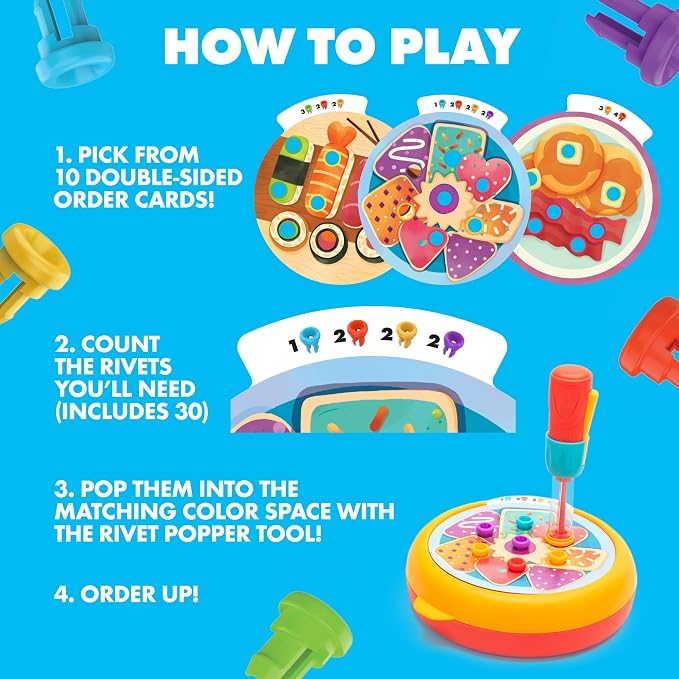 Educational Insights Design & Drill Rivet Pop Cafe - Fine Motor Toys for Toddlers 3-4, Creative Construction Toys, Pop Rivet Set with Real Tools for Kids, Toddler STEM Toy, Independent Learning