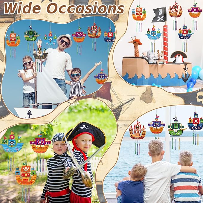 gisgfim 16 Pack Pirates Ship Wind Chime Kits for Kids Make Your Own Coloring Wooden DIY Arts and Crafts for Pirates Party Activities Decorations Supplies Favors School Classroom Girls Boys