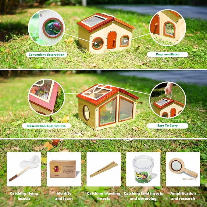 SimpliPlay Kids Explorer Kit & Bug Catcher for Kids, Outdoor Toys | Portable Wooden Bug Habitat, Butterfly Net, Magnifier, Observation Cup, 15 Insect Cards for Toddler 3-8 Year Old Boy Gift