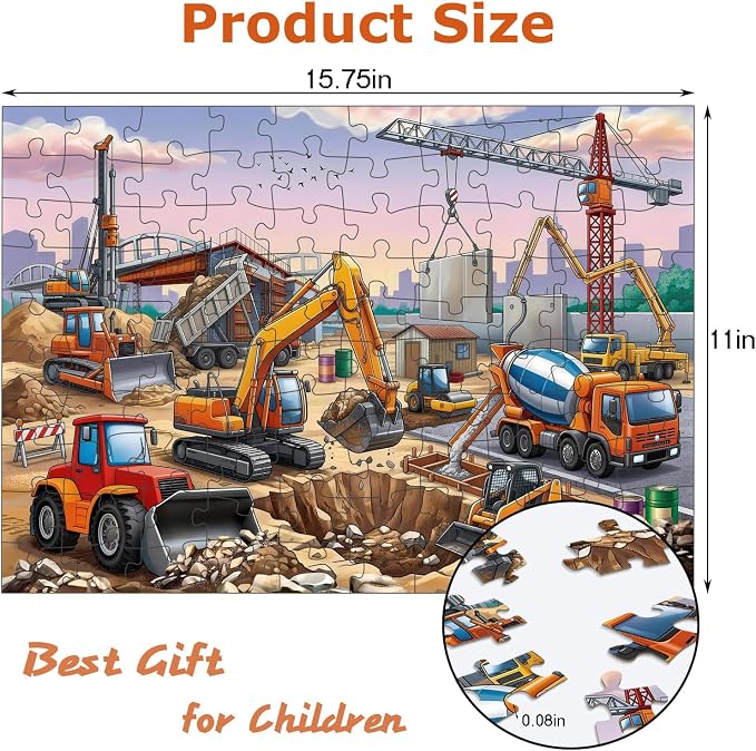 100 Piece Puzzles for Kids Ages 4-6 6-8 8-10, 100 Piece Construction Site Learning Educational Jigsaw Puzzles, Vehicle Kids Puzzles Ages 5-8 Gifts for Girls Boys - Every Piece is Unique
