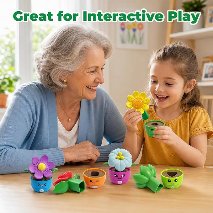 Montessori Flower Garden Building Toy for Girls & Boys, Toddler Gardening Set with 5 Shape & Number Flowers, Preschool Learning Matching & Stacking Game, Sensory Toys Gifts for 1 2 3 Year Old