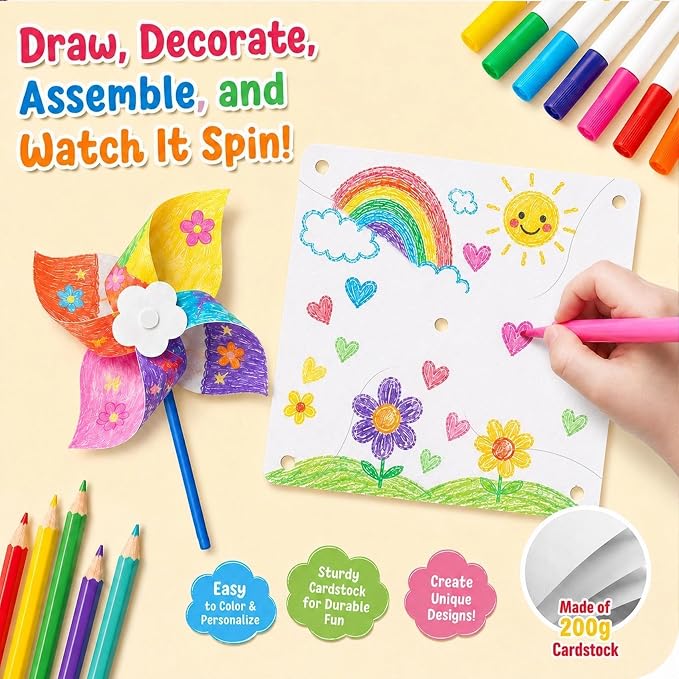 LINBLIF 30 Pack DIY Pinwheels Craft Kit for Kids, Summer Paper Windmill | EASY ASSEMBLY: Blank paper pinwheels for kids to draw, paint & craft. Perfect for camp, classroom, and party favors