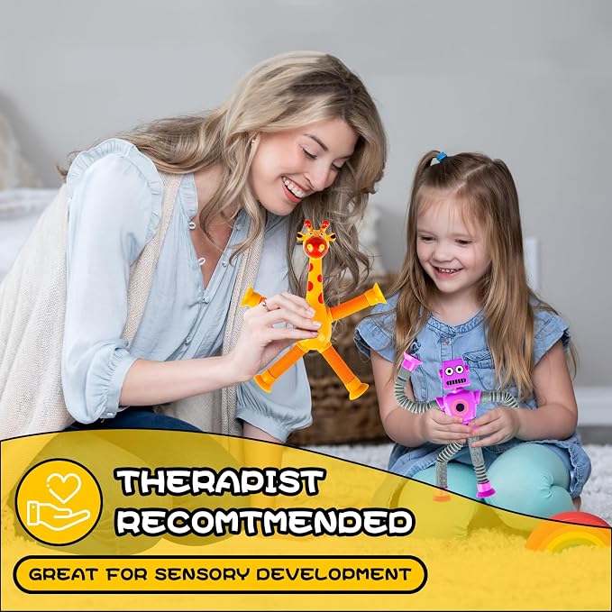 8pc Robot Giraffe Sensory Travel Toys for Toddlers Boy Ages 3 4 5 6 7 8, Airplane Activities Suction Autism Pop Tube Fidget Autistic Stocking Easter Basket Stuffer Valentine Gift for Kids