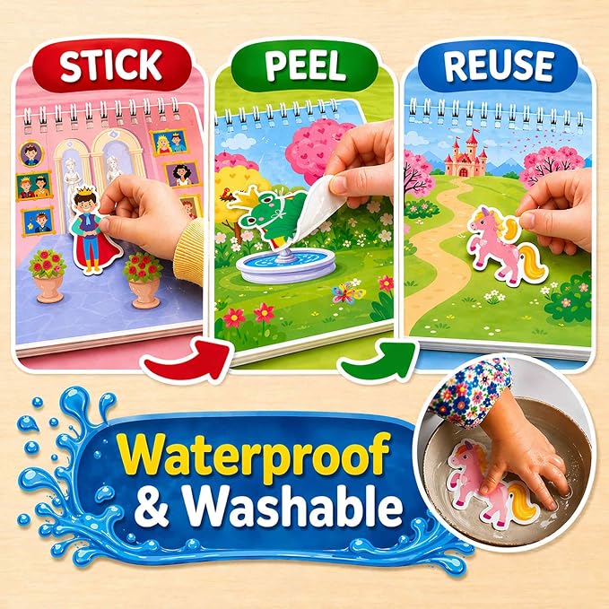 QUOKKA Jelly Sticker Books for Toddlers 1-3, 10 Fairy Tale Themes Unicorn Princess Mermaid, 40+ Large Thick Reusable Stickers, Waterproof Washable Toddler Activity Busy Book, Travel Toy | 10 Fairy Tale Themes with Unicorn, Princess, Mermaid - Waterproo...