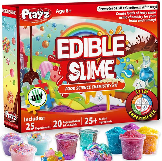 Playz Edible Slime Candy Making Kit for Kids Age 8-12 Years Old w/ 25+ Fun | Science Experiments, DIY Chemistry kit for kids Rock, Gummy, Chocolate, Hard candy maker, STEM Toys/gift for Girls and Boys
