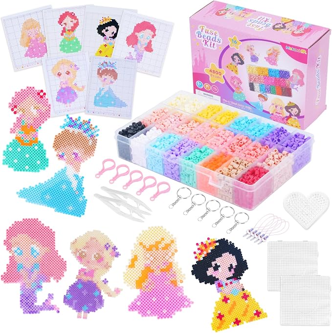 Meland Fuse Beads Kit, 5MM 4800 Princess Rainbow Beads for Girls Ages 5-12 | Includes 3 pegboards and craft accessories for colorful patterns, keychains and screen-free creative projects