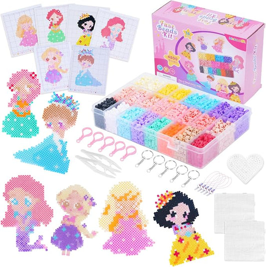 Meland Fuse Beads Kit, 5MM 4800 Princess Rainbow Beads for Girls Ages 5-12 | Includes 3 pegboards and craft accessories for colorful patterns, keychains and screen-free creative projects