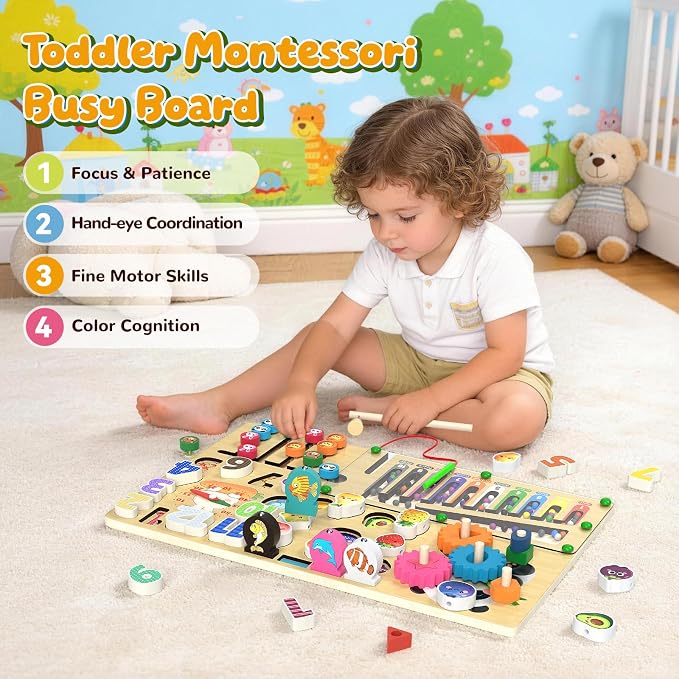 9-in-1 Montessori Busy Board Wooden Magnetic Maze Toy for 3+ Year Old Gift | Toddler Sensory Educational Activity Board Travel Toy with Felt Counting Blocks