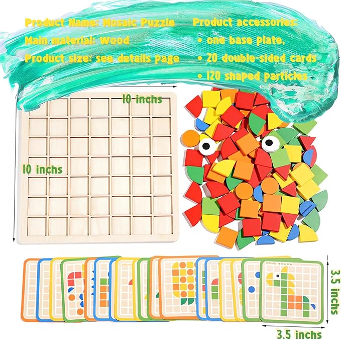 Pattern Blocks and Boards with 120 Pieces Colored Wooden Shape Blocks, with 20 Pieces Design Cards, Kindergarten Classic Geometric Puzzles Toys for Girls and Boys