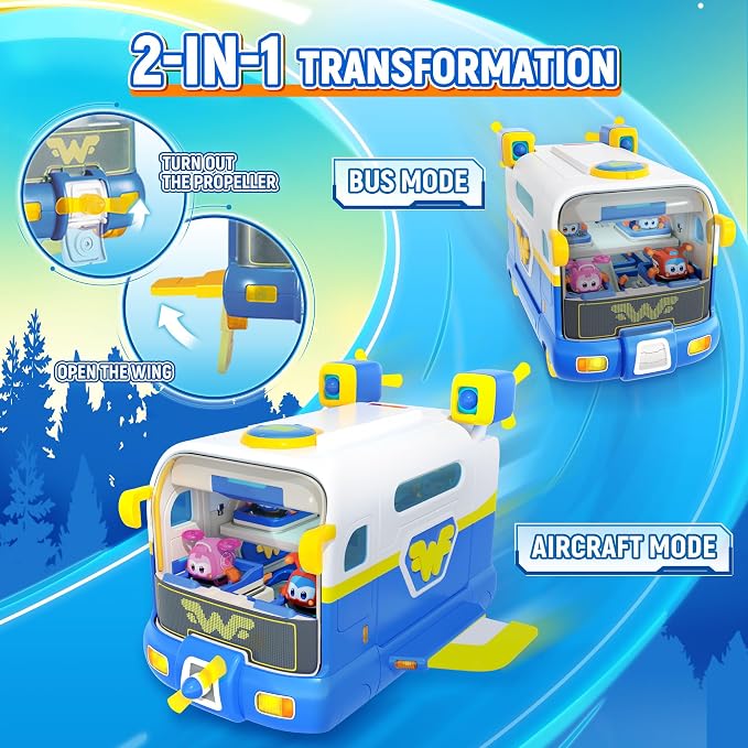 Super Wings Season 7 New Super Pets' Mini Base，Transforming Playset from Bus to Aircraft, with Super Pet Jett & Dizzy, Role Play Toys for Kids, Gifts for Girls Boys Age 3+