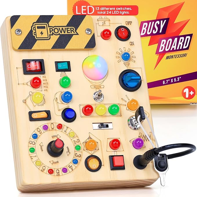 RichBoy Busy Boards, Lights Switch-Style, Wooden, 37-in-1, Medium | Toddlers Birthday Gifts, Montessori Toys, Autism Sensory, Fine Motor Skills, Educational Learning, Travel Essentials