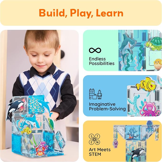 PicassoTiles 26 Piece Magnetic Tiles, Ocean Marine World STEM Set Ages 3+ | Eight sea creature figures, vivid printed designs, screen-free imaginative play, hands-on early learning fun for curious kids