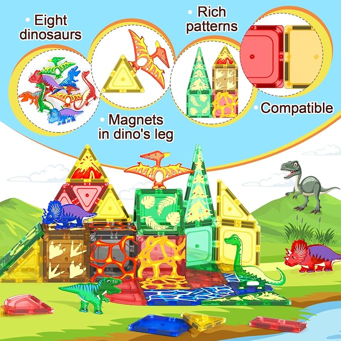 102PCS Dinosaur Toys Magnetic Tiles with 8 Dinosaurs - Jurassic Scenes Toys | Dinosaur World Adventure Set, Magnetic Blocks Kids Toys for Boys & Girls Ages 3+, Sensory Toddler Creative Kids Games Gifts