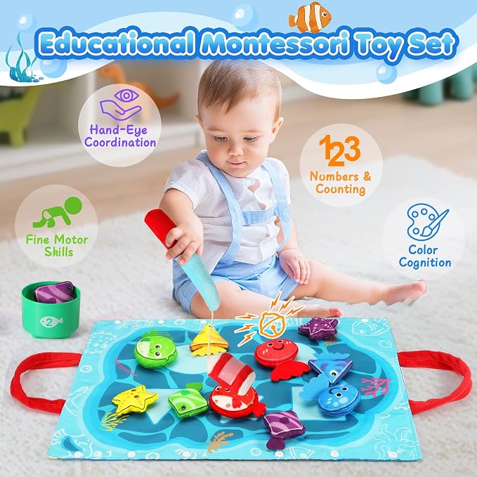 Montessori Toys for 1-2 Years Old Boy Girl, Birthday Gift, Fishing Game | 17 in 1 Toy Set, Stacking Cups, Color Sorting, Shape Matching, Early Learning, Toddler Toys, Gifts for 1 2 Years Old Boy Girl