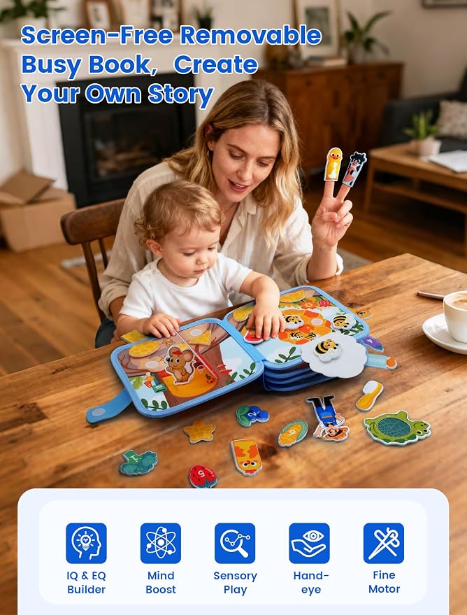 BizyKoady Montessori Busy Book for Toddlers 1-3, Felt Busy Board Dog Theme | Montessori toys, Learning activity, Travel toys, Fine motor, Independent quiet play, Soft felt, Boy Girl gift