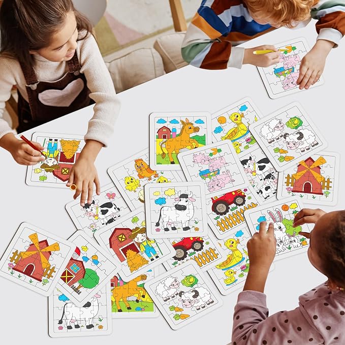 Cinrobiye 24 Pcs Farm Animal Coloring Jigsaw Craft Kit for Kids, DIY Barnyard Activity Set Bulk with 12 Designs, Tractor Birthday Party Favors, Classroom Art Projects