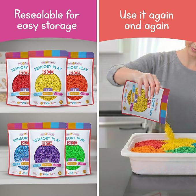 Sensory Play Rice for Kids, 6 Pack (6 lbs Total), 6 Individually Sealed 1 lb Bags, Non-Toxic Colored Rice for Sensory Bin Fillers, Fine Motor Activities, Crafts & Learning Play
