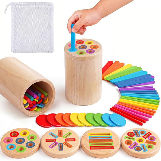 Wooden Montessori Toys for 1, 2,3 Year Old: 4 in 1 Fine Motor Skills, Learning Color Matching Sorting Sensory - Easter Basket Stuffer for Toddler Boy Girls - 18 Month