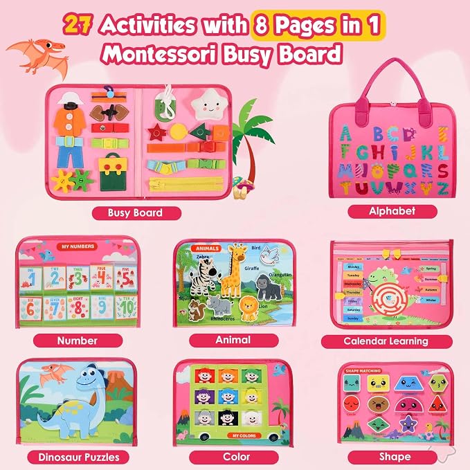GOLIYEAN Toddler Busy Board - Montessori Toys for Toddler Girl Birthday Gifts, Educational Learning Sensory Busy Book for Toddlers, Quiet Activity Books for Toddlers, Airplane Car Travel Toys