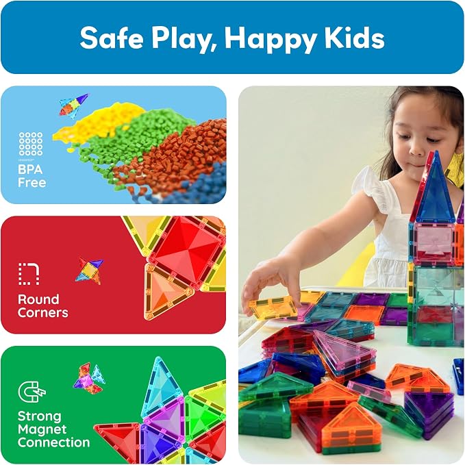 PicassoTiles Magnetic Tiles Building Blocks Mini Size Diamond Series Magnet Toys Travel Size On-The-Go Magnets Construction Sensory Toys Gifts Educational Set Toddlers STEM Learning Kit Playset PTM40